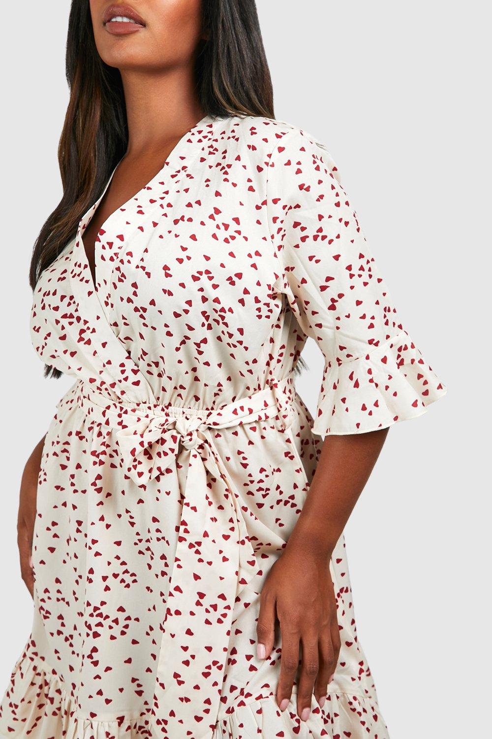 Plus Heart Printed Wrap Skater Dress boohoo