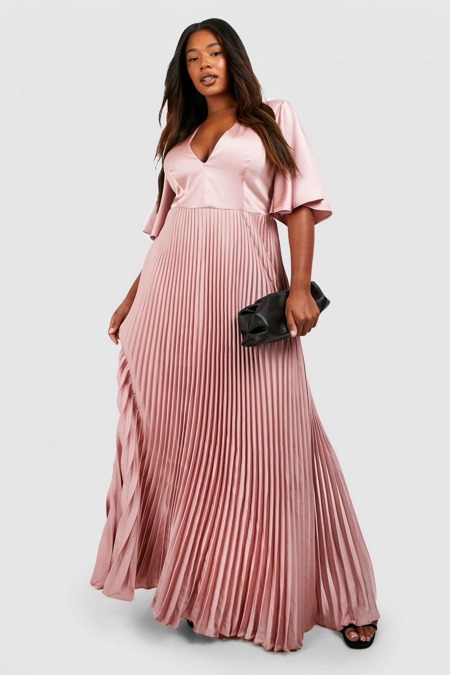 Blush pink Plus Satin Pleated Plunge Occasion Maxi Dress 