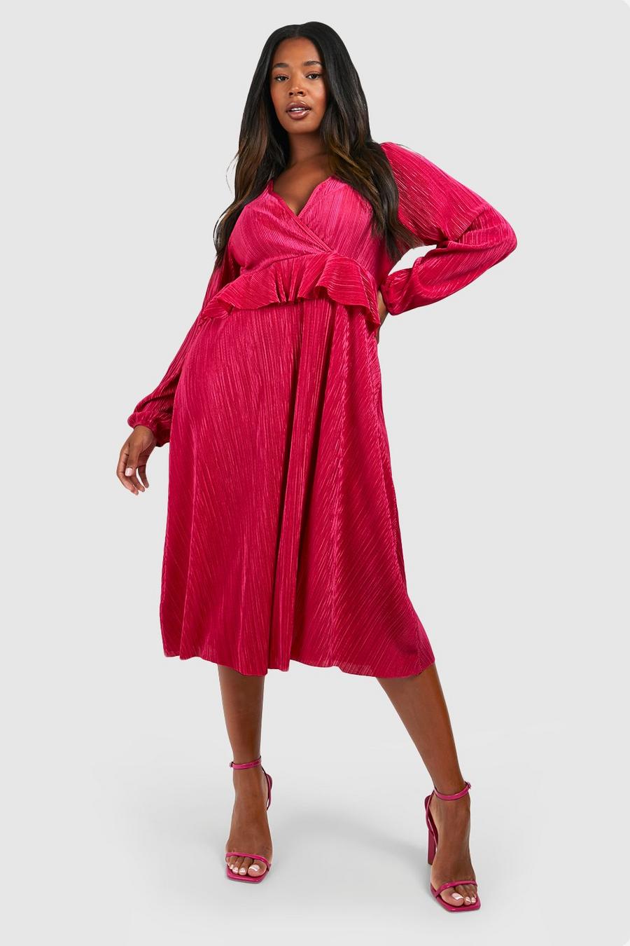 Vestito midi Plus Size plissettato con dettagli arricciati, Hot pink rosa