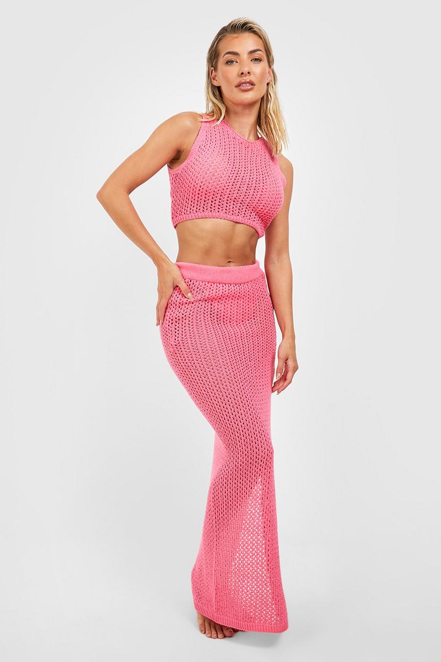 Ensemble de plage en crochet avec crop top et jupe longue, Pink image number 1