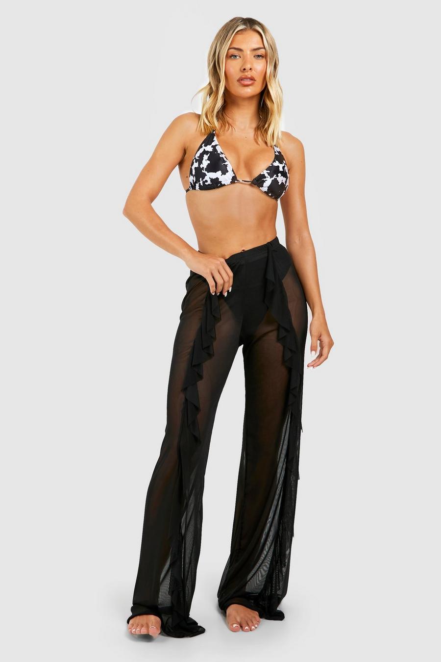 Black Frill Detail Mesh Beach Trousers image number 1