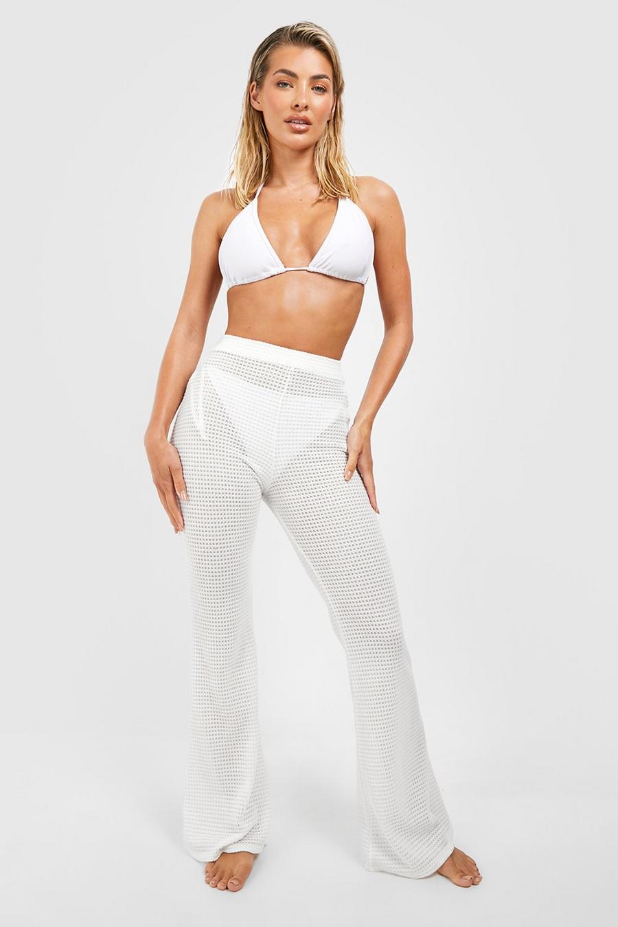 White Crochet Knit Flared Beach Pants image number 1