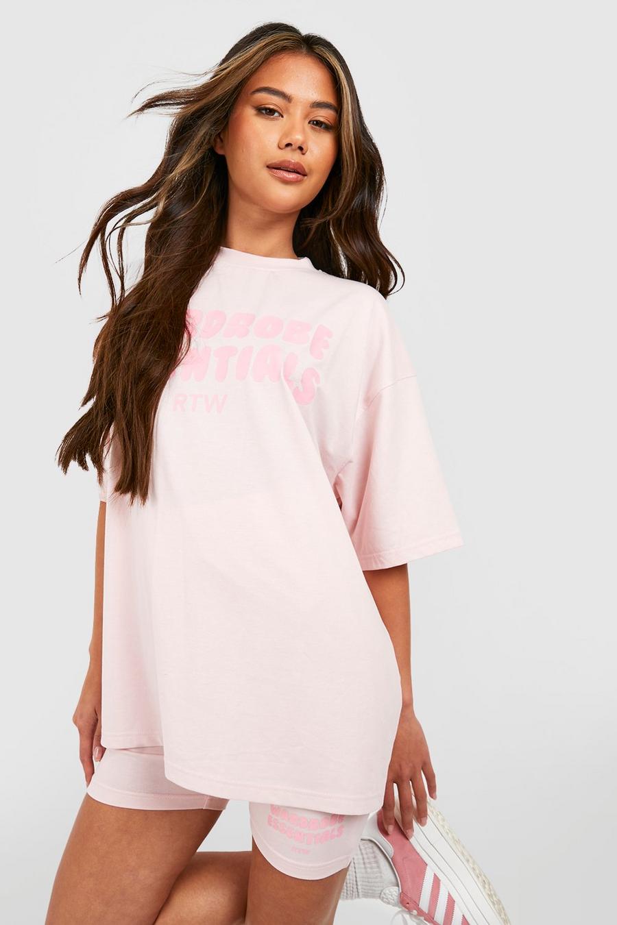 Conjunto de pantalón corto y camiseta oversize con eslogan en relieve, Pink image number 1
