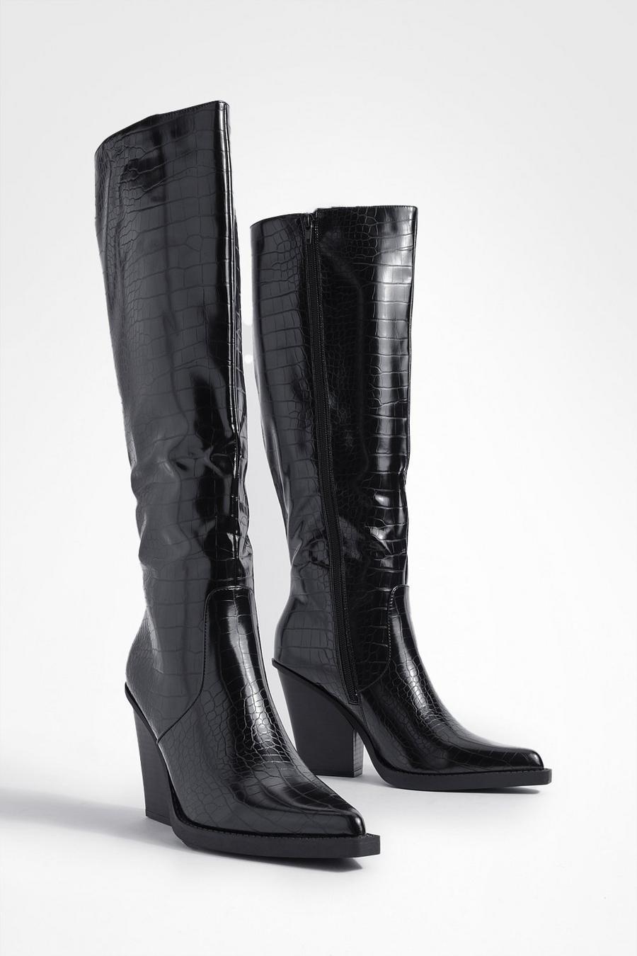 Black Chunky Sole Knee High Croc Cowboy Boots image number 1