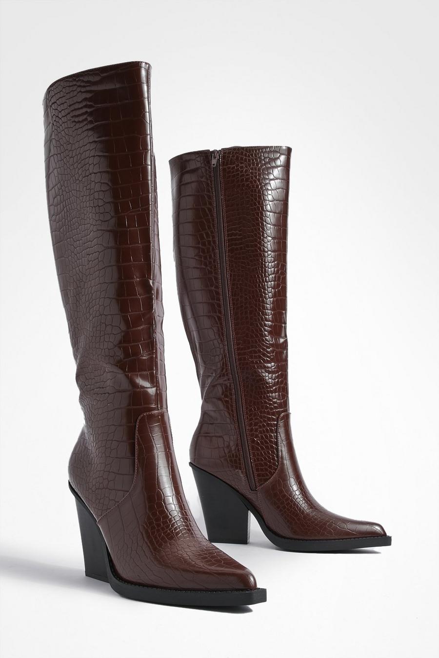 Chocolate Chunky Sole Knee High Croc Cowboy Boots image number 1