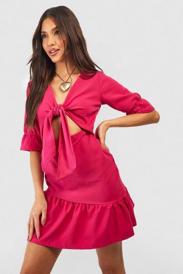 Tie Front Frill Hem Mini Dress hot pink