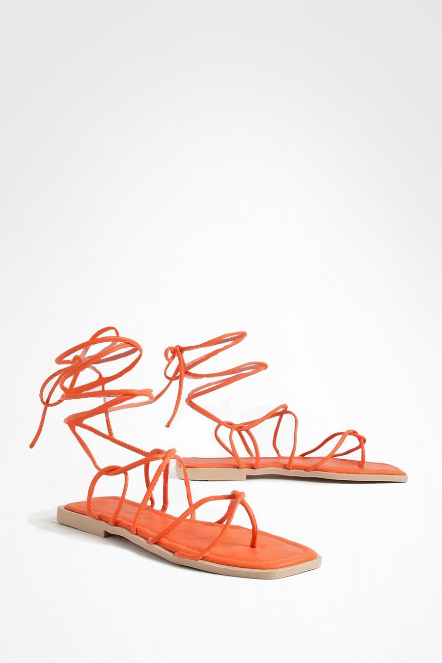 Orange Square Toe Skinny Strappy Tie Up Sandals