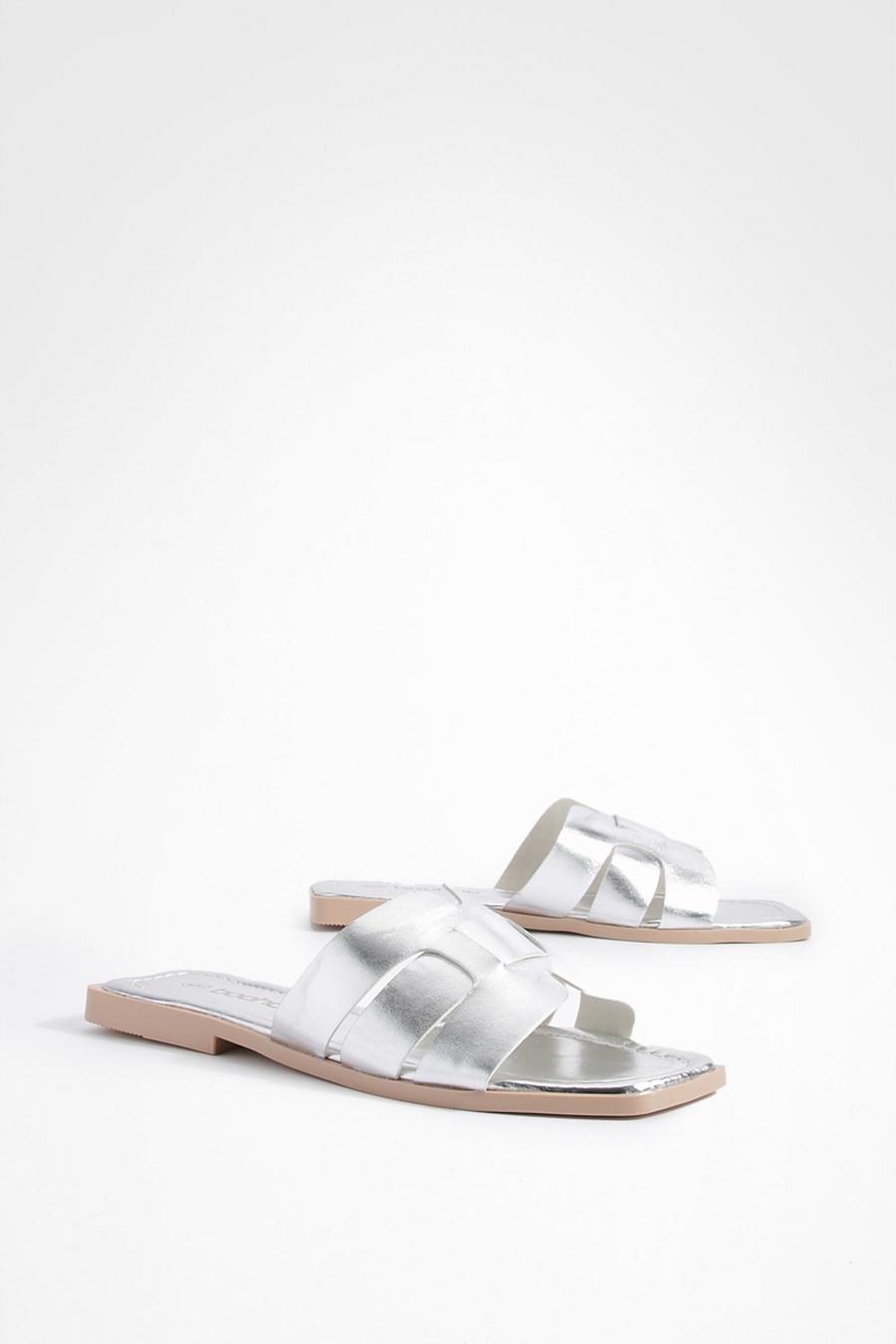 Silver Caged Detail Mule Flat Sandals image number 1