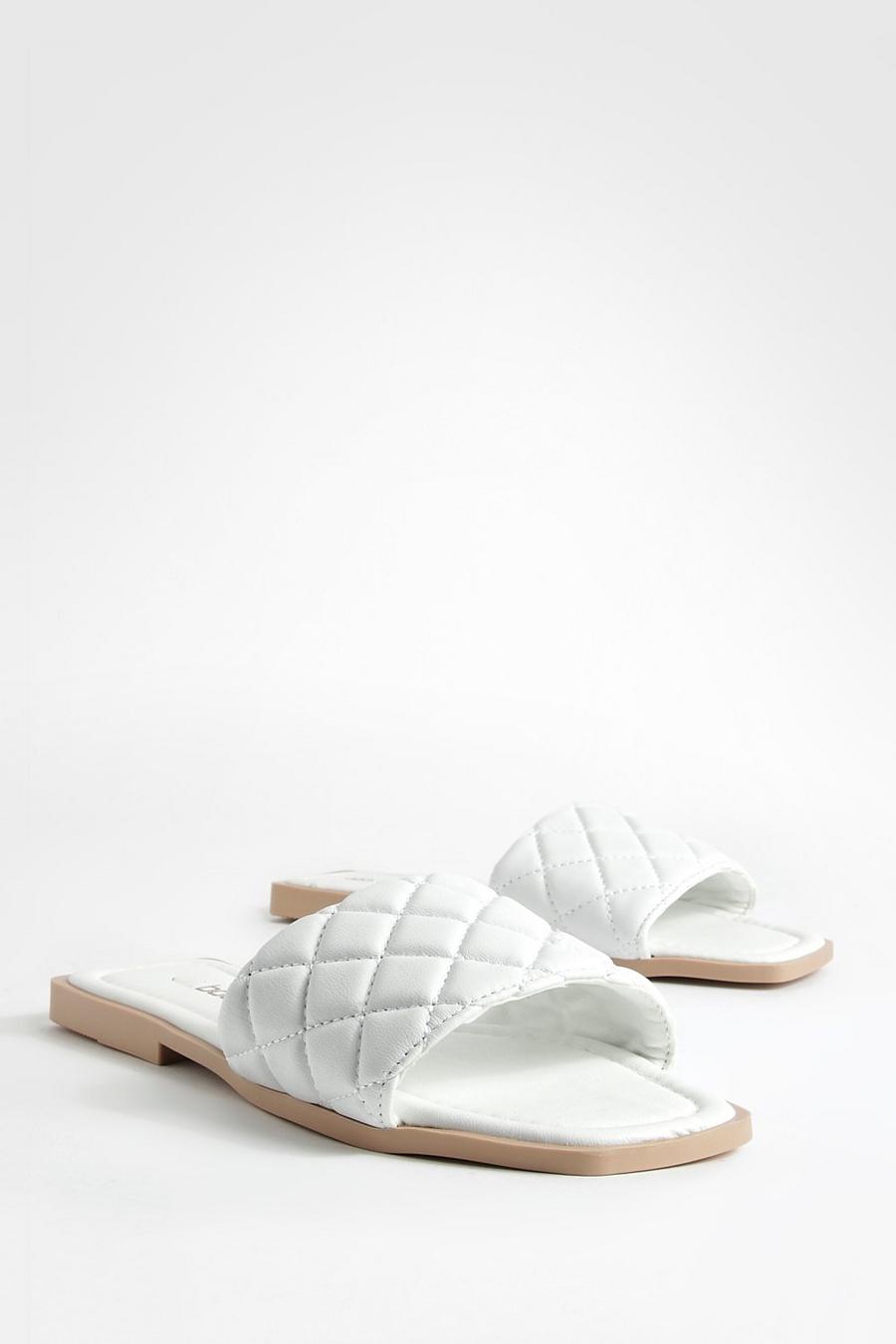 White Quilted Square Toe Mule Sandals