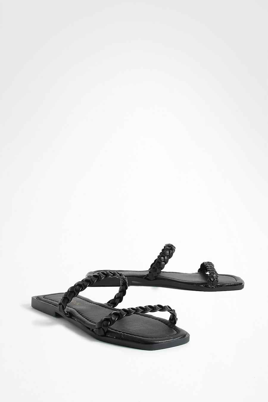 Sandali a punta quadrata con doppia fascetta intrecciata, Black negro