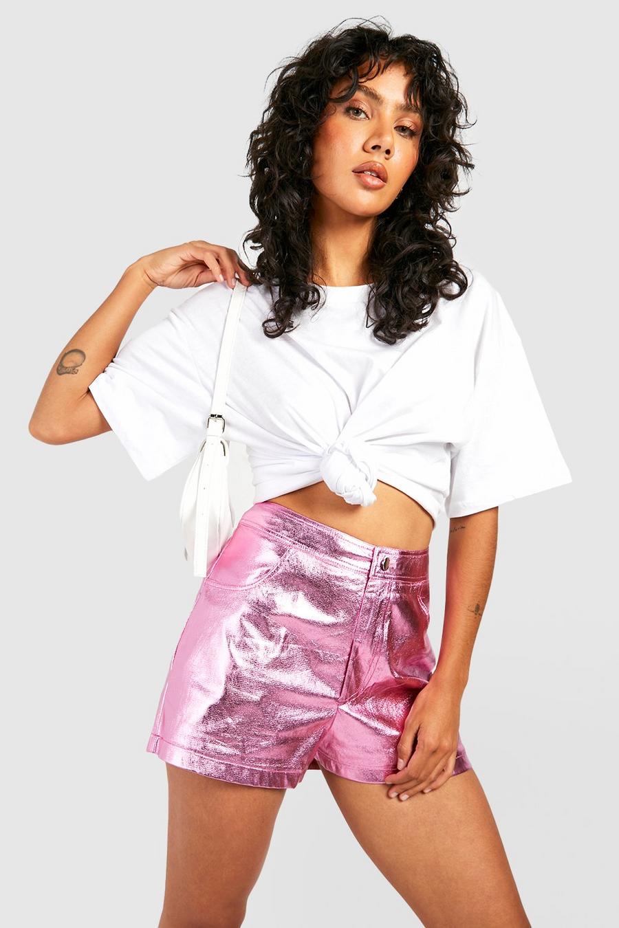 Pink High Waisted Metallic Shorts image number 1