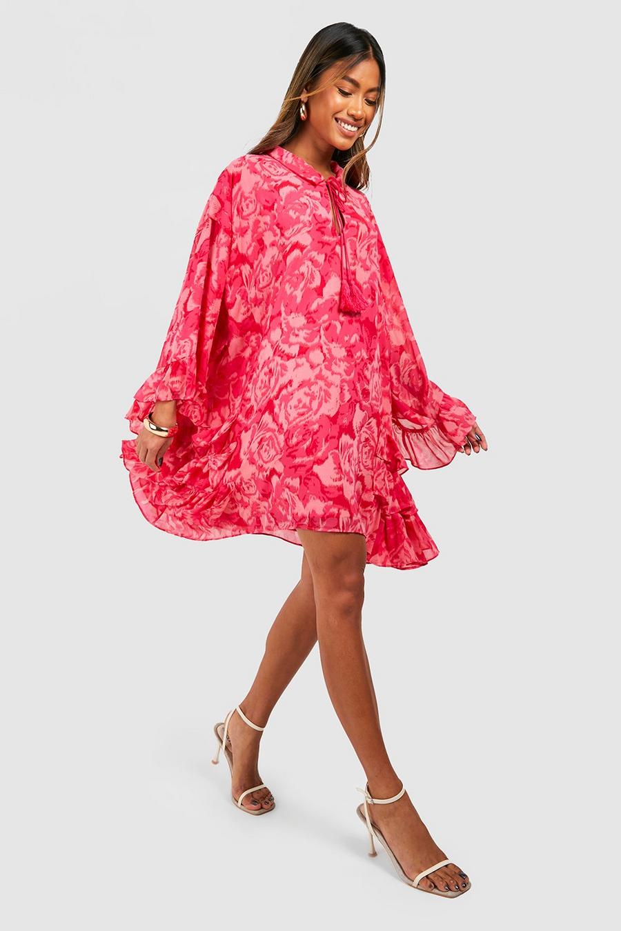 Pink Chiffon Printed Ruffle Smock Dress