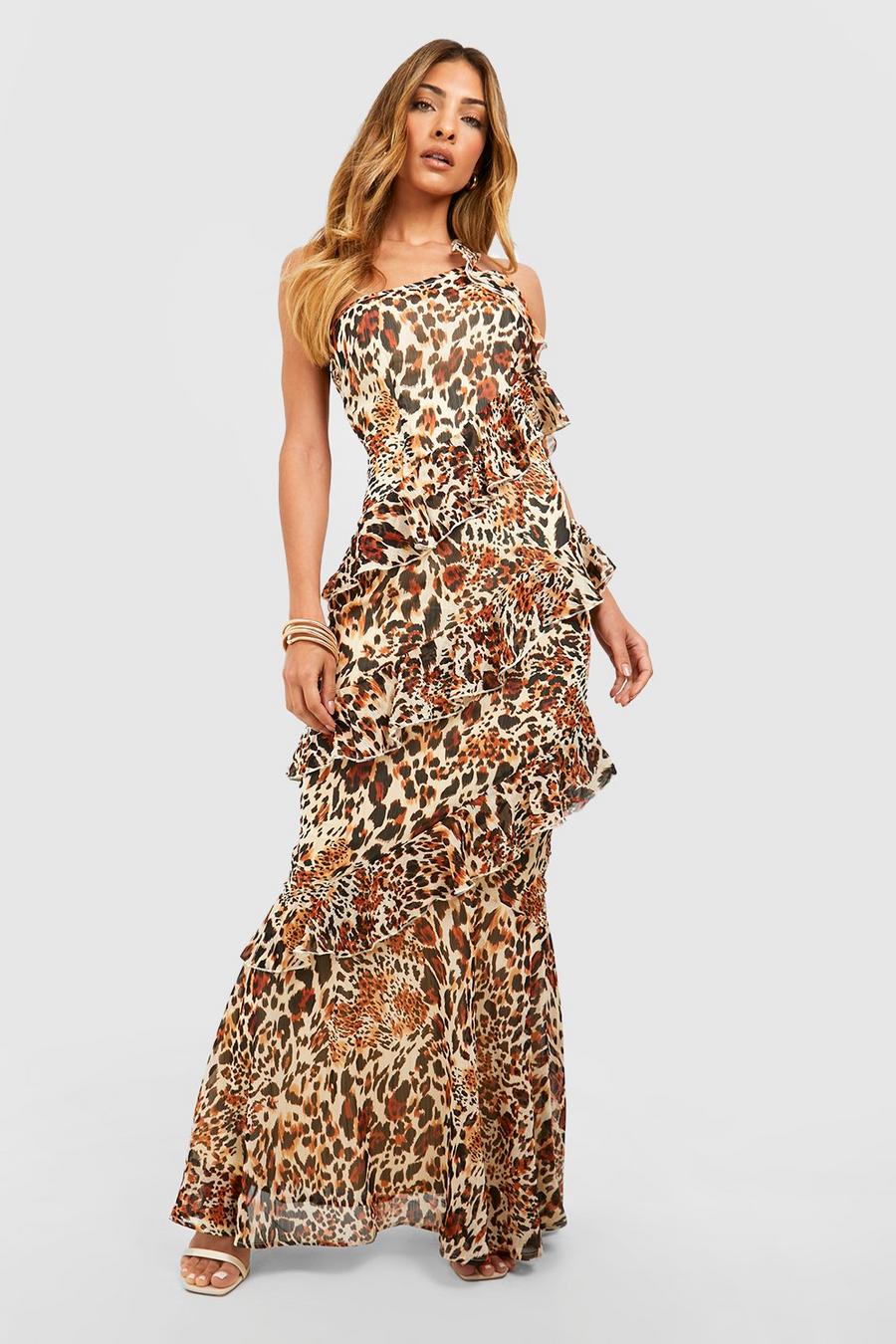 Brown Chiffon Printed One Shoulder Maxi Dress image number 1