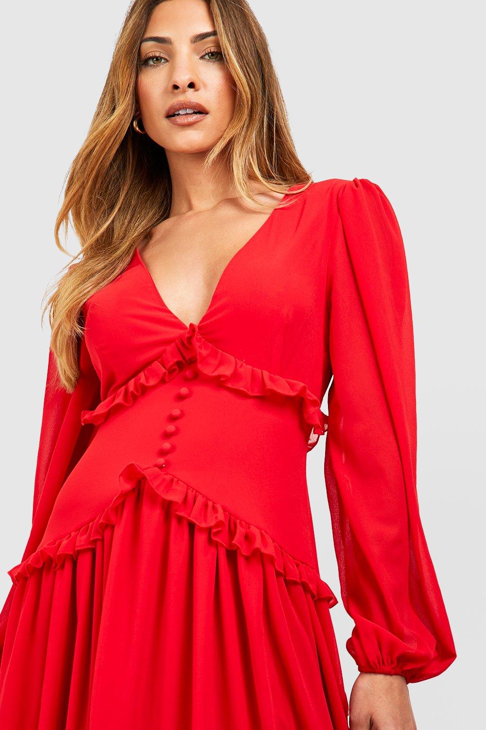 Boohoo red ruffle dress sale