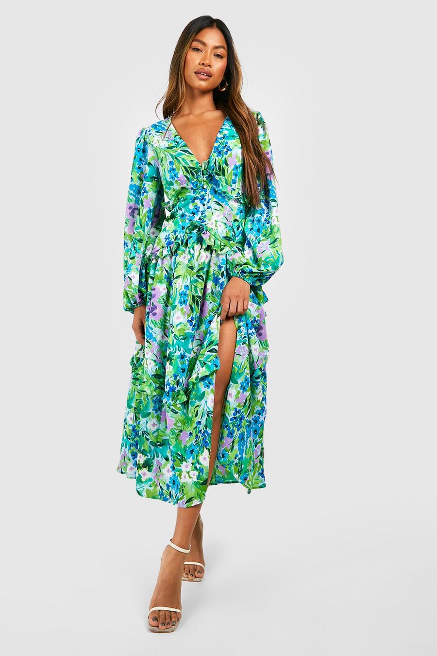 Green Floral Waist Detail Midi Dress