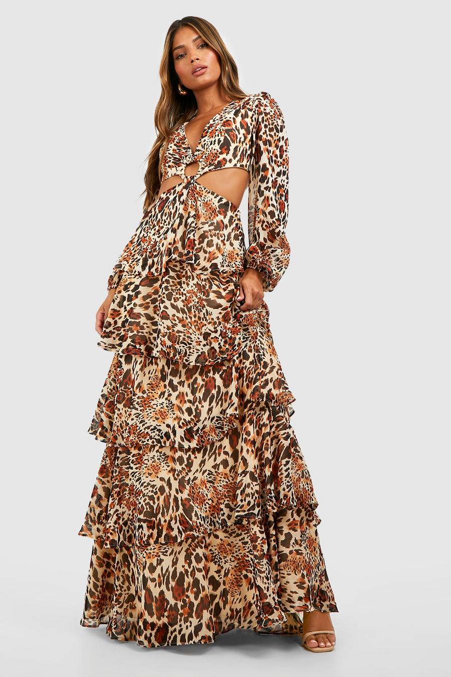 Brown Leopard Chiffon Ruffle Tiered Maxi Dress