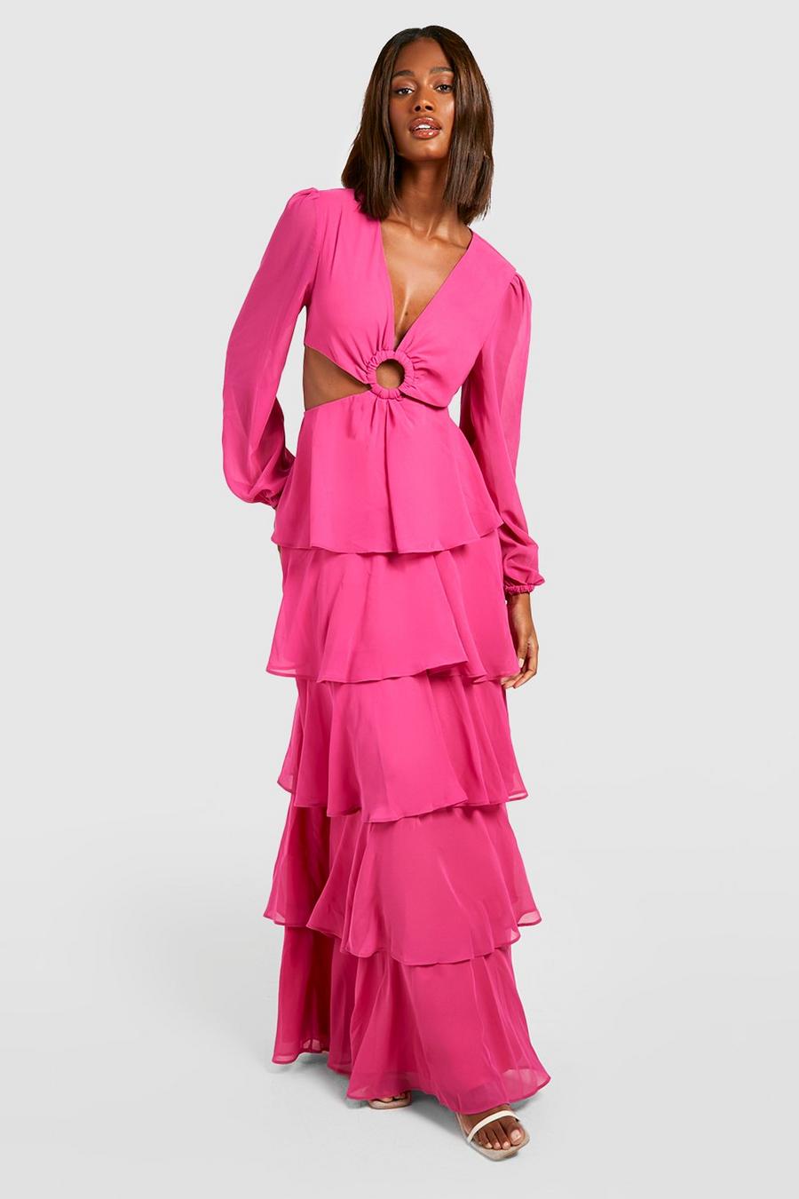 Pink Långklänning i chiffong med volanger image number 1