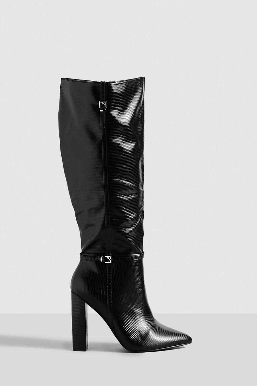 Black Wide Fit Block Heel Pointed Toe Knee High Boots image number 1