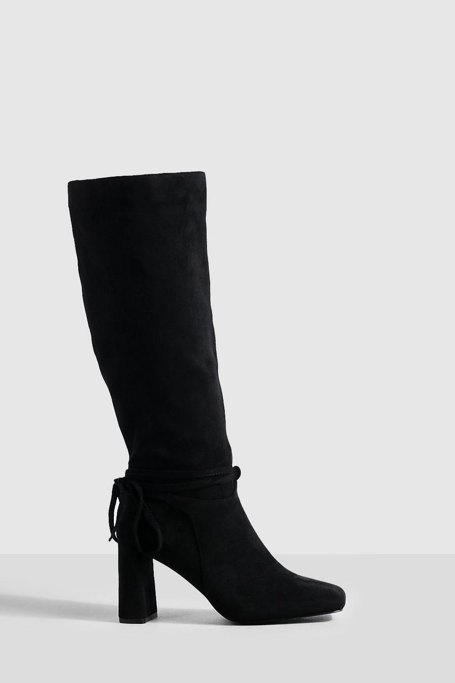 Black Wide Width Block Heel Bow Detail Knee High Boots