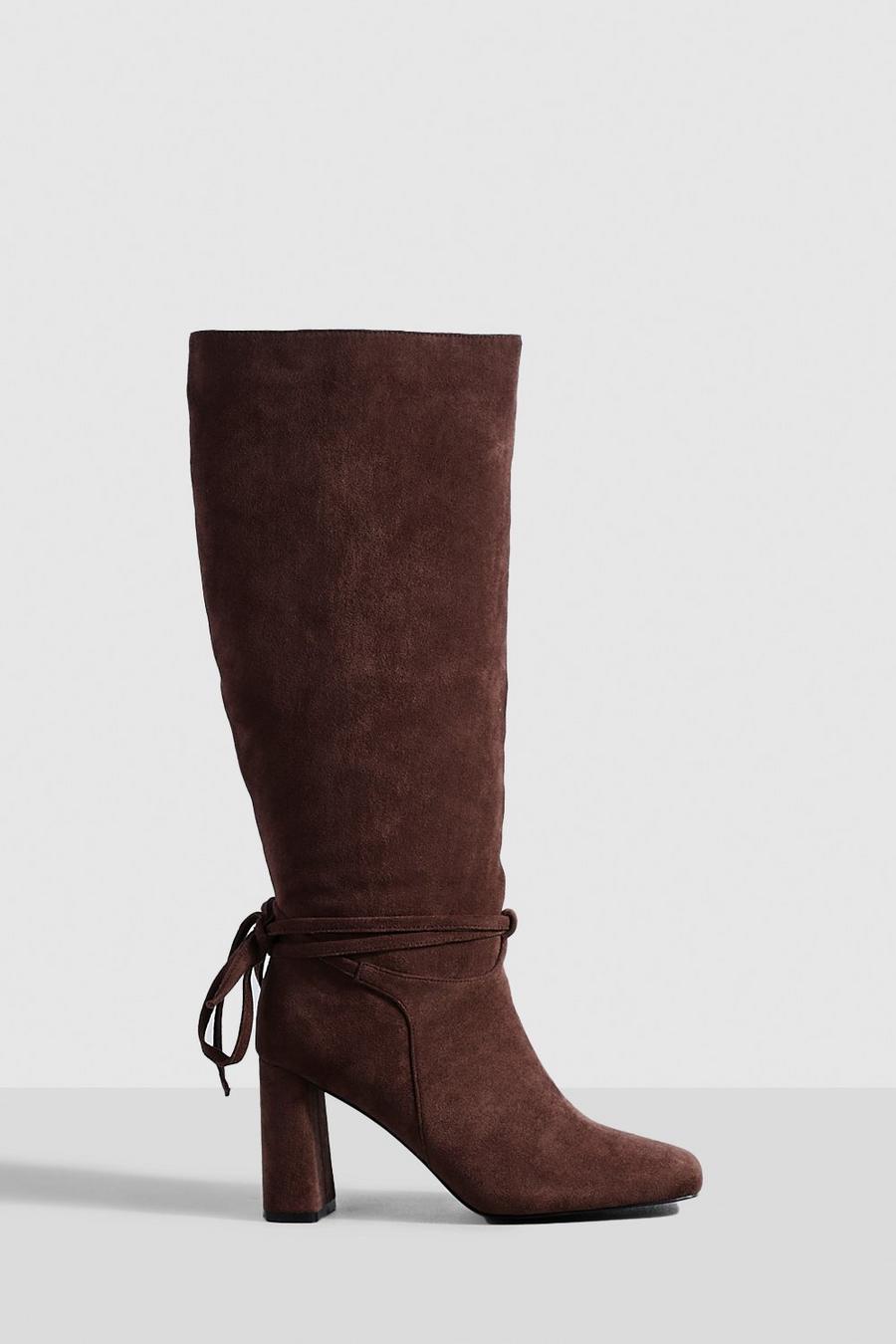 Chocolate marrone Wide Fit Block Heel Bow Detail Knee High Boots