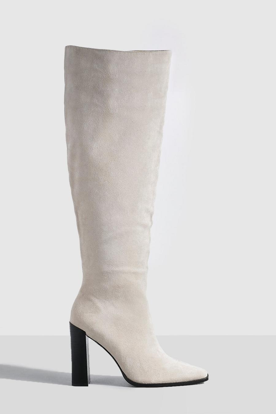 Stone Stack Heel Square Toe Knee High Boots