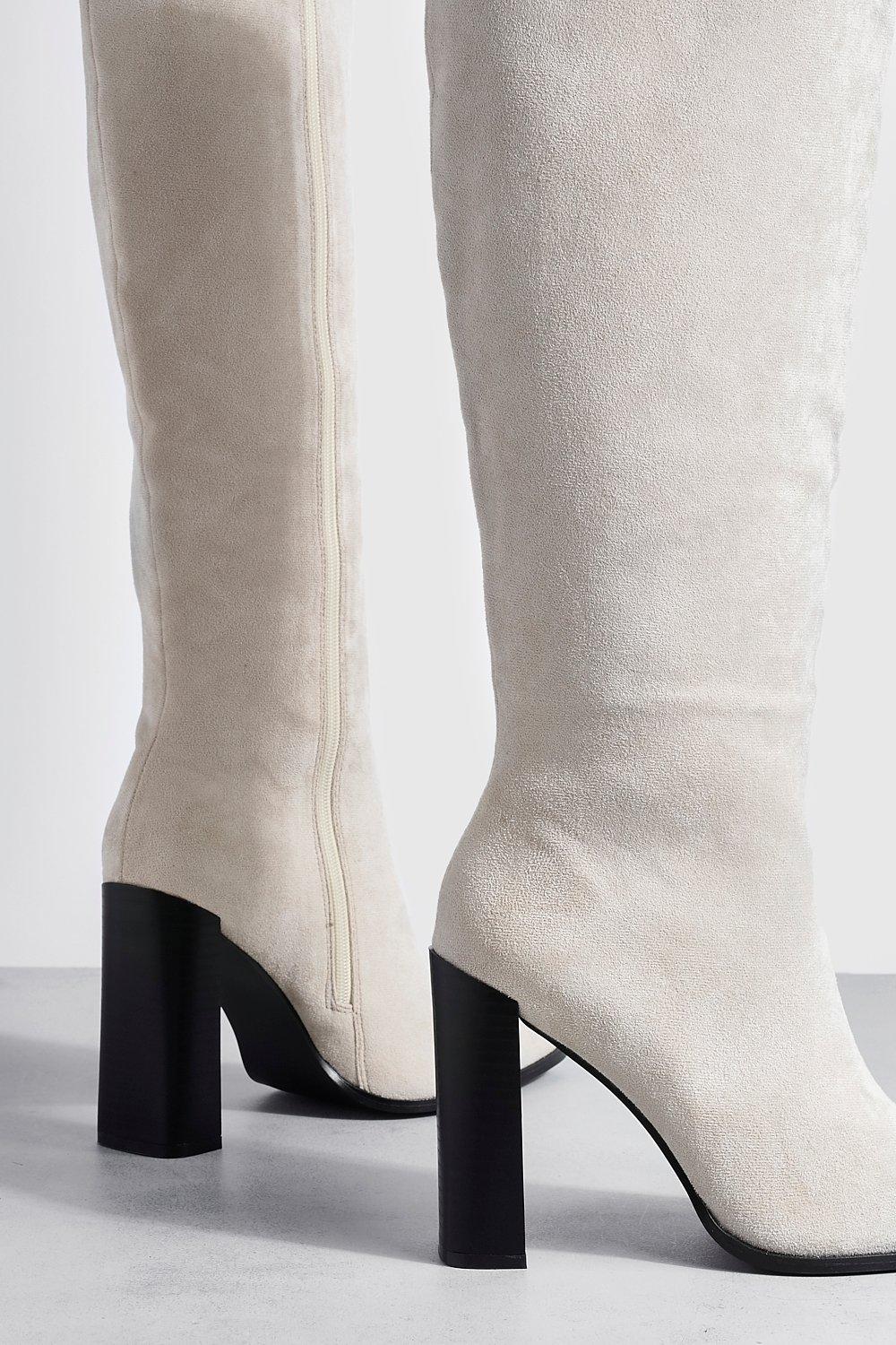 Beige tall boots with heel and square toe