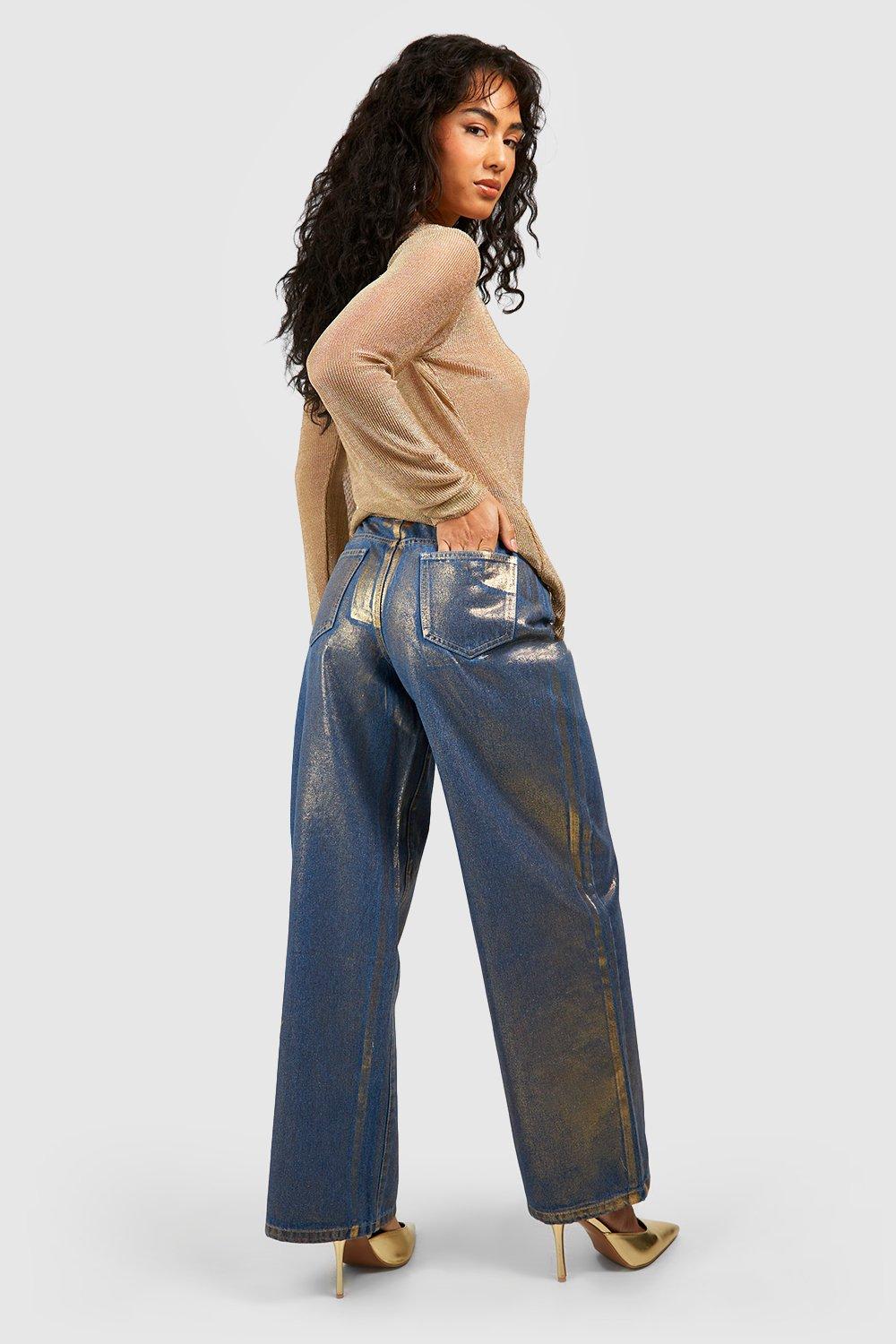 Metallic Coated Denim Low Slung Boyfriend Jeans