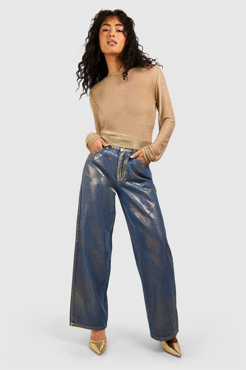 Coated Metallic Denim Boyfriend Jeans