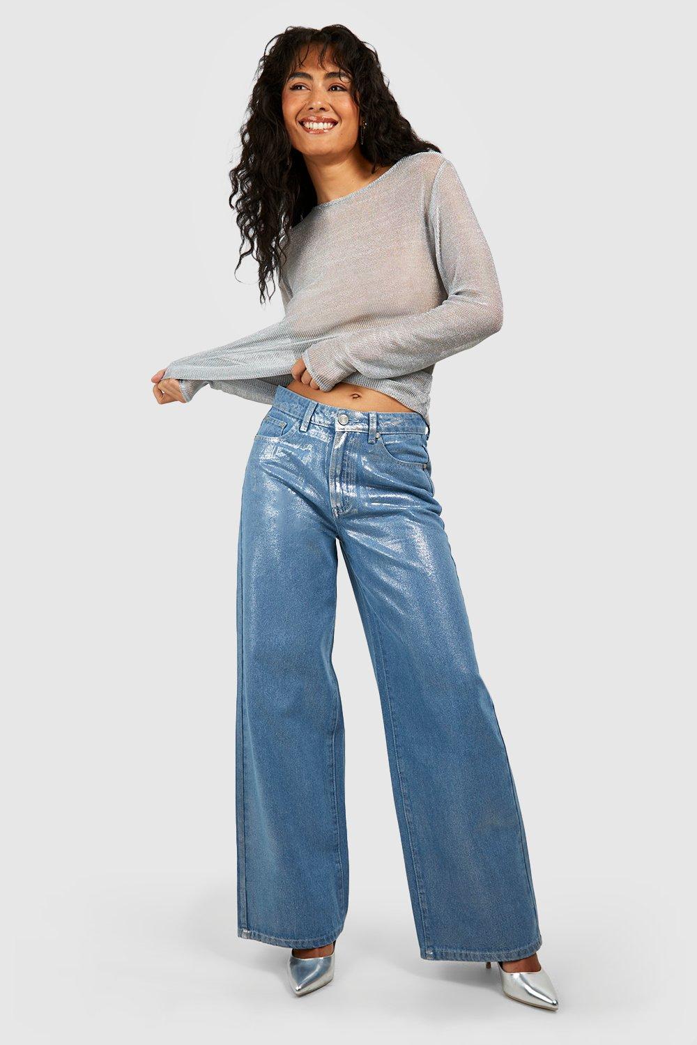 Metallic Coated High Rise Straight Leg Jeans