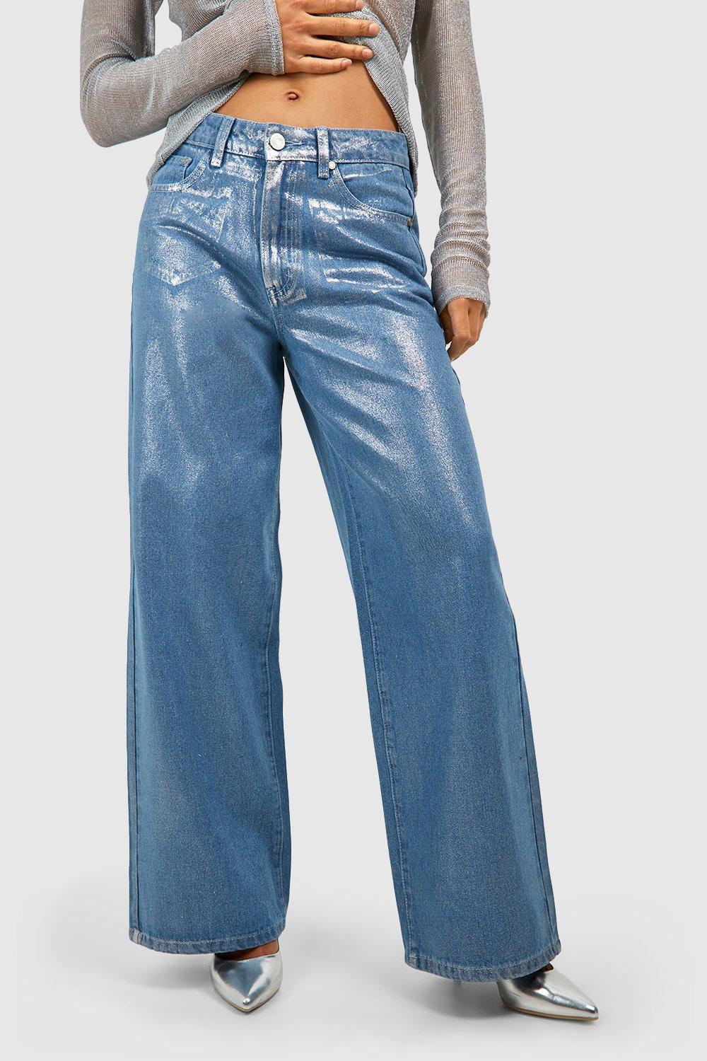 Metallic Coated High Rise Straight Leg Jeans