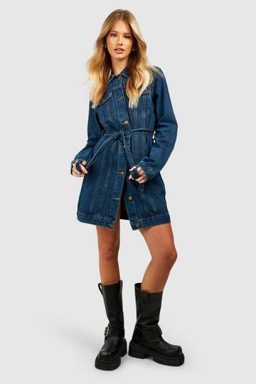 Western Belted Denim Mini Shirt Dress mid blue