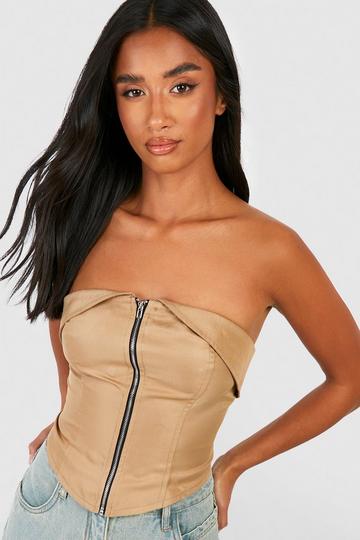 Petite Zip Detail Bandeau Corset Top stone