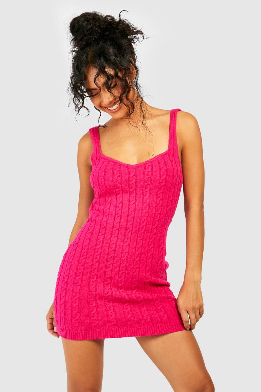 Hot pink Mjuk kabelstickad kort klänning image number 1