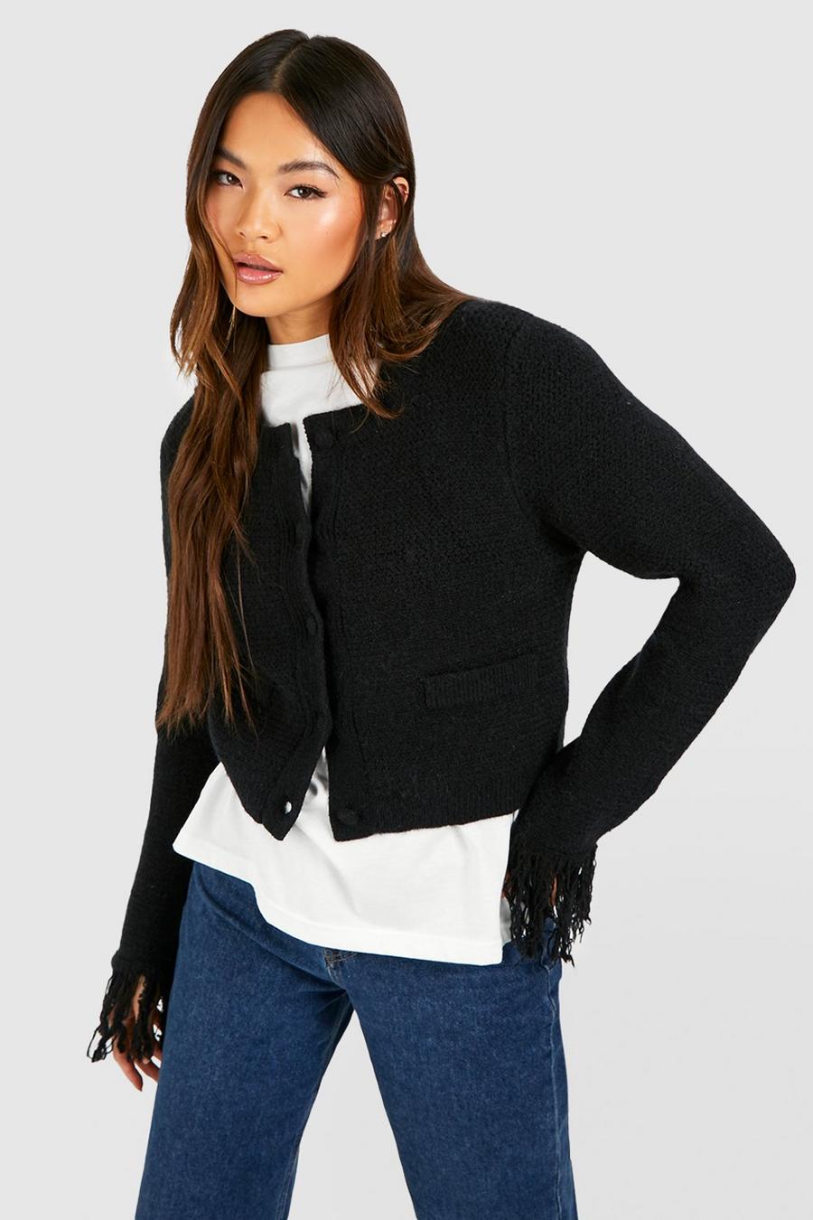 Black Tassel Sleeve Shoulder Pad Crop Knitted Cardigan image number 1