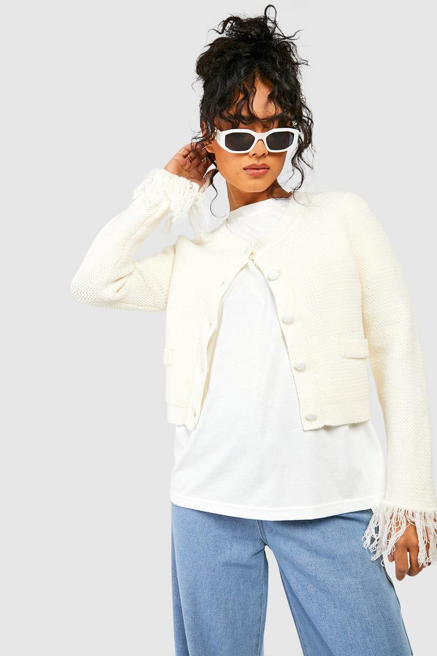 Ivory Tassel Sleeve Shoulder Pad Crop Knitted Cardigan image number 1