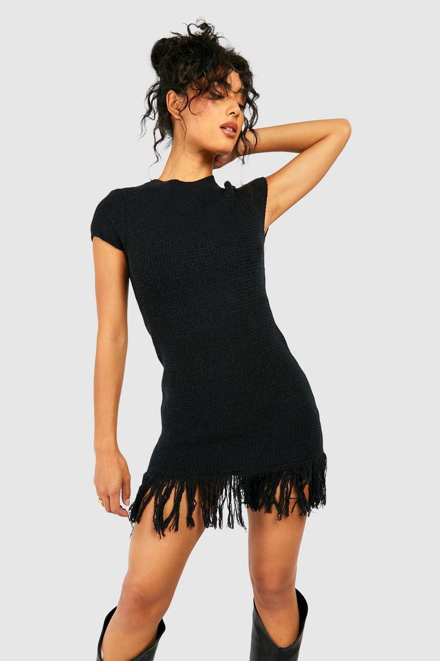 Black Tassel Hem Cap Sleeve Knitted Mini Dress image number 1