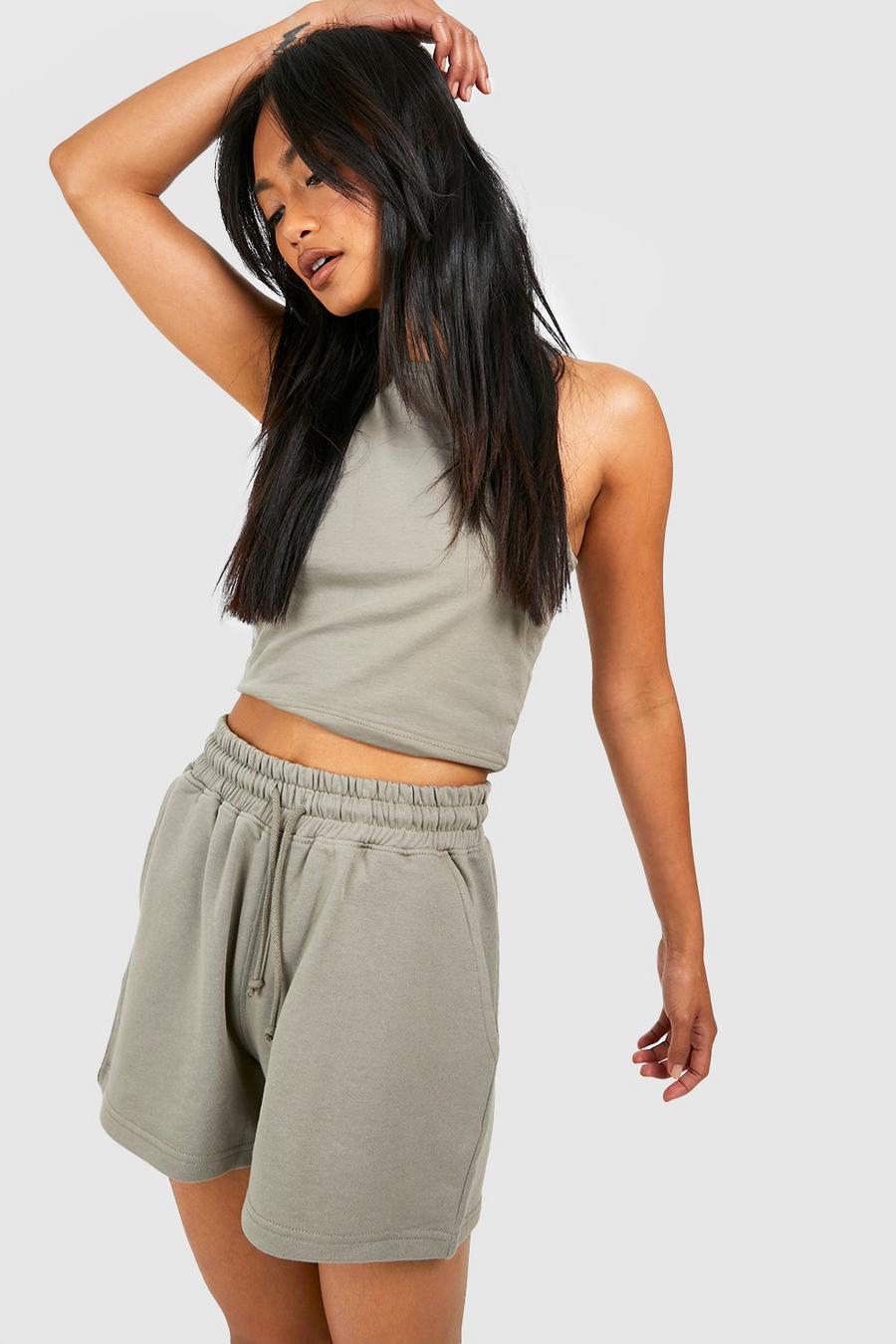 Washed khaki Racer Top And Sweat Short Set  image number 1