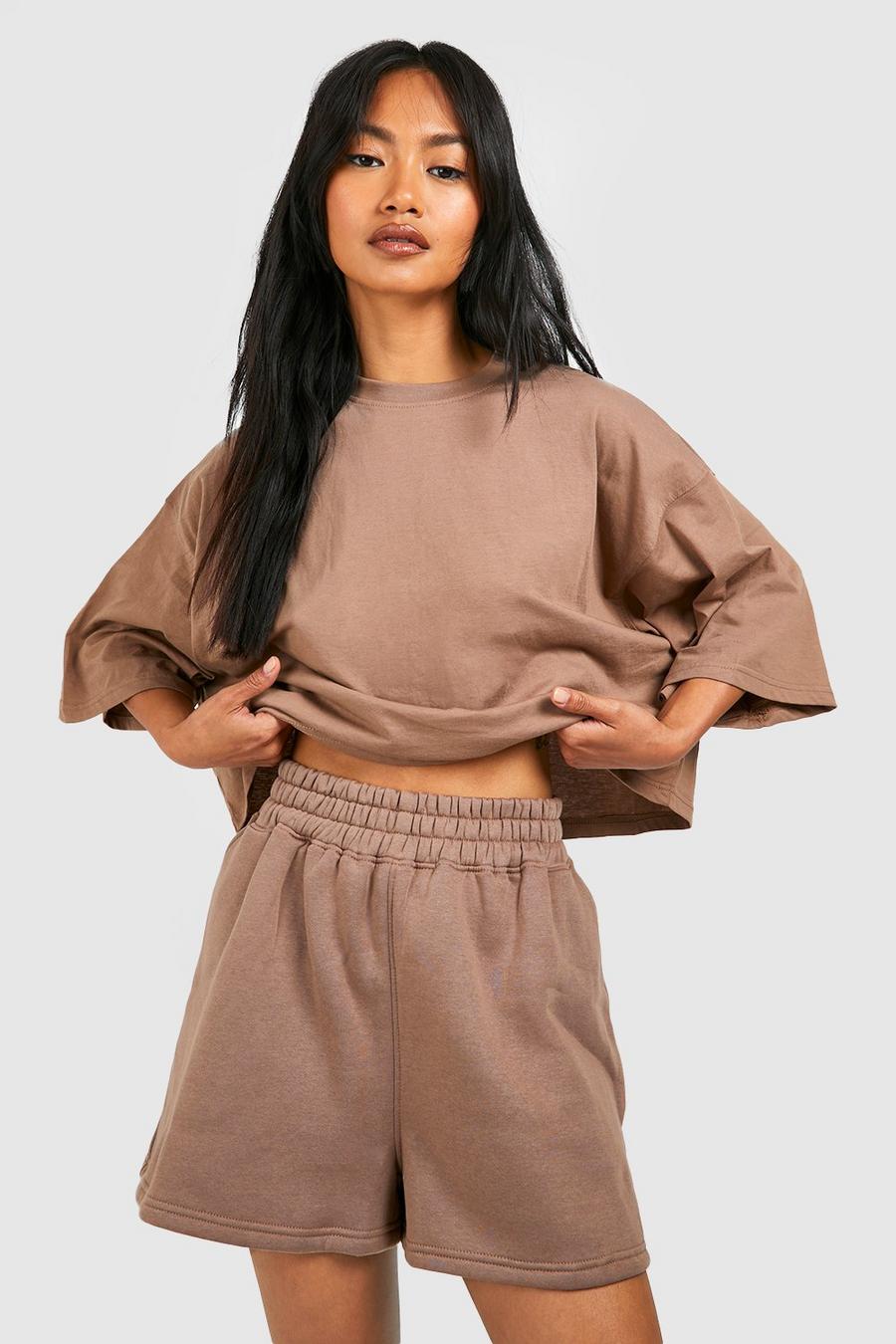 Taupe Boxy Crop T-shirt And Short Set  image number 1