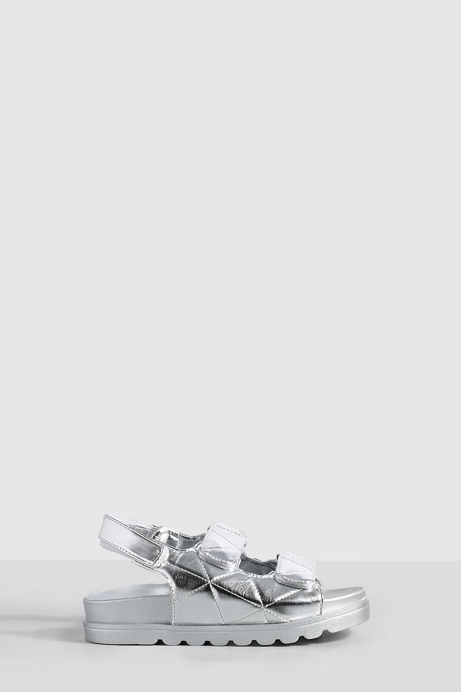 Sandali con laccetti sul retro metallizzati e trapuntati, Silver