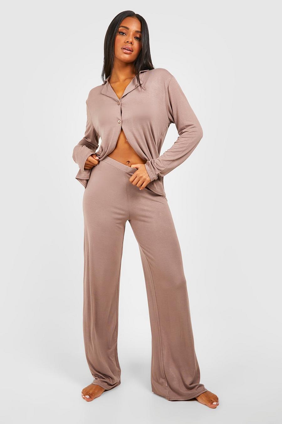 Pantalón de pijama de pernera ancha y tela jersey aterciopelada, Mocha image number 1