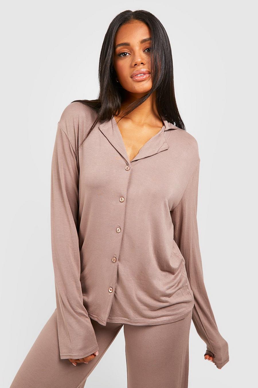 Mocha Peached Jersey Knit Long Sleeve Pajama Shirt image number 1