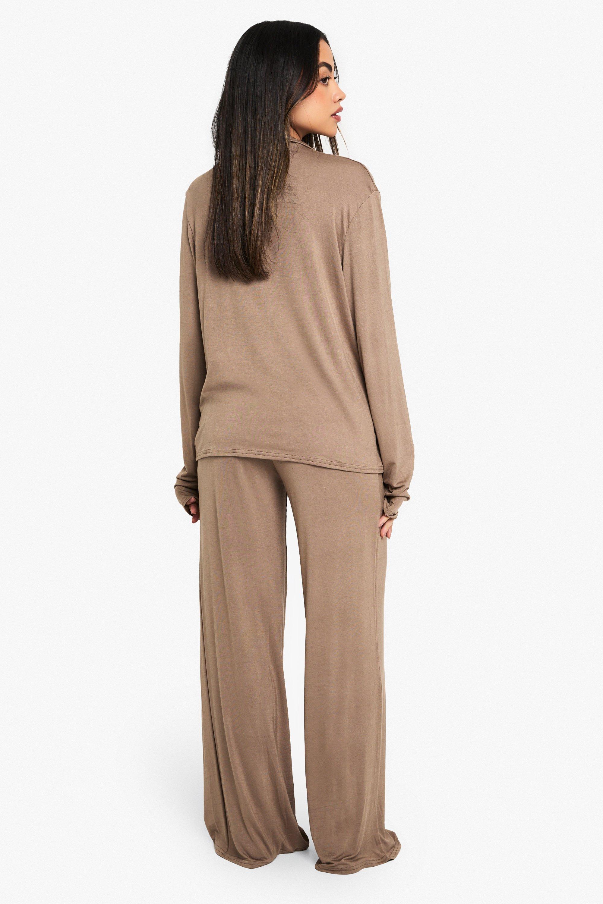 boohoo Peached Jersey Knit Long Sleeve Pajama Shirt - Brown - Size 8