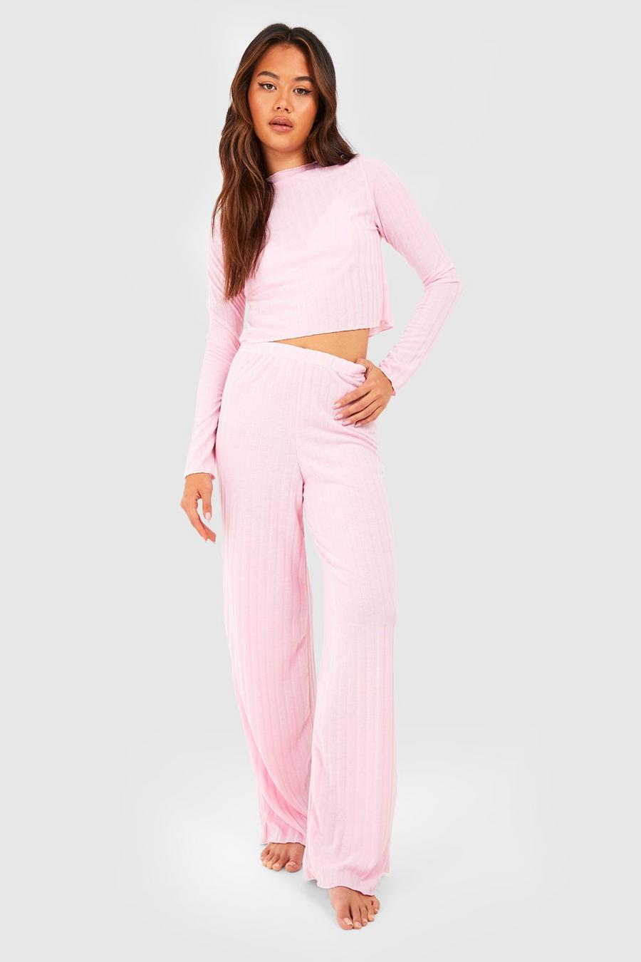 Pantalón de pernera ancha y canalé, Pink image number 1