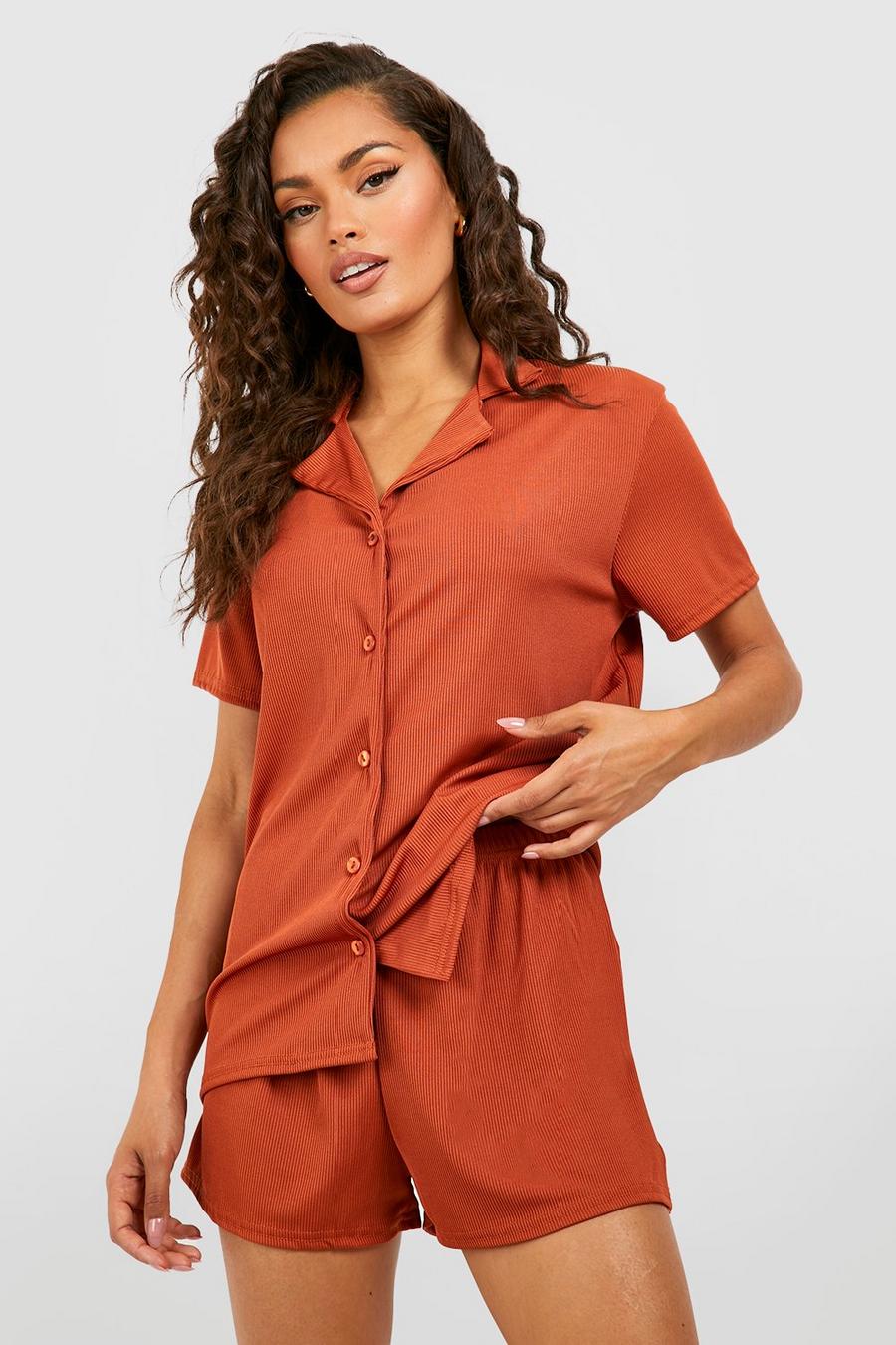 Kurzärmliges geripptes Pyjama-Hemd, Rust image number 1