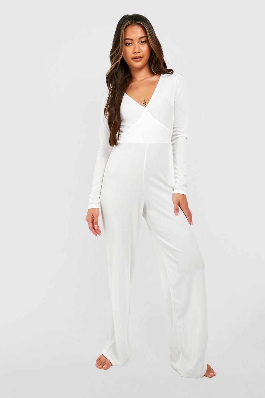 Cream Cross Front Long Sleeve Rib Jumpsuit image number 1