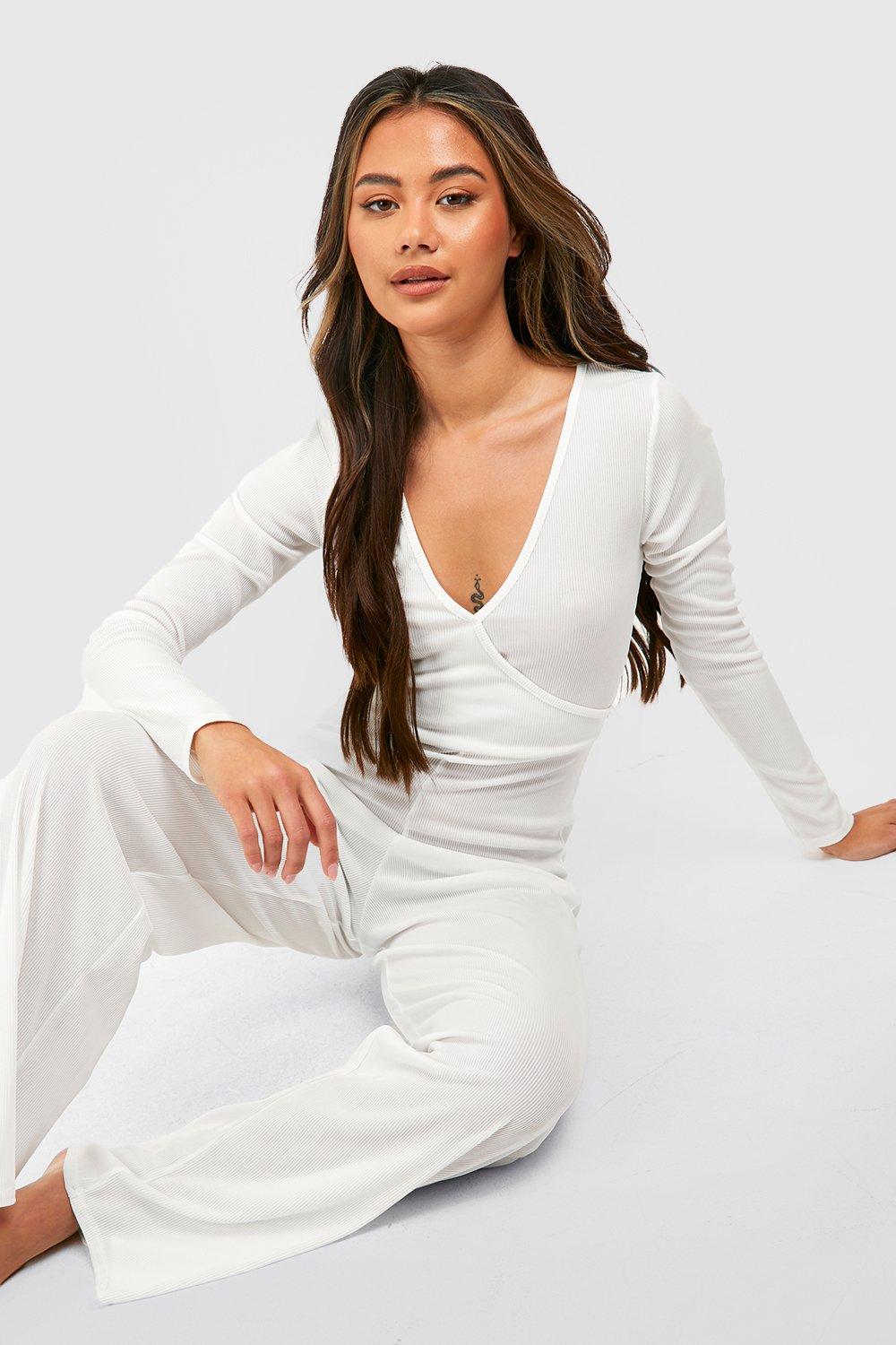 Cross Front Long Sleeve Rib Jumpsuit