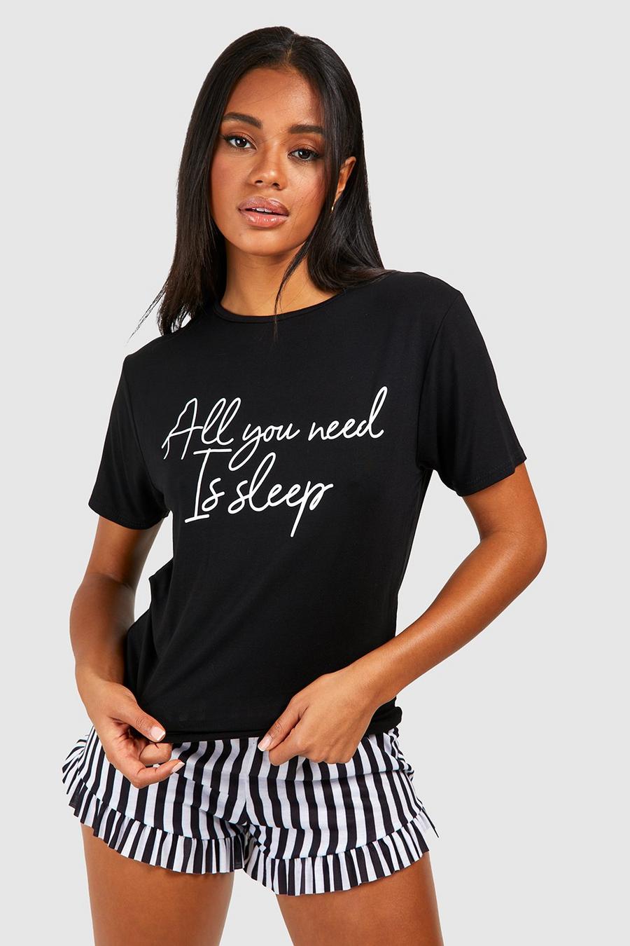Black_white Slogan Stripe Pajama Short Set 