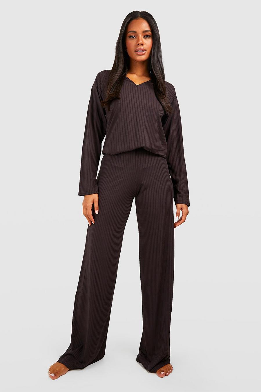 Chocolate Rib V Neck And Wide Leg Trouser Set image number 1