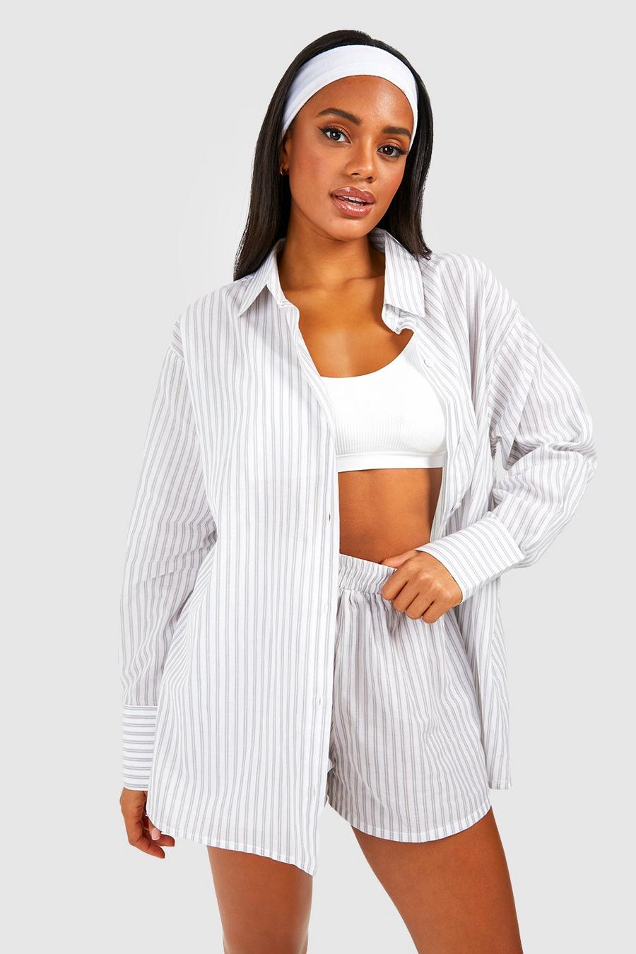 Gestreifte Pyjama-Shorts aus Baumwolle, Grey image number 1