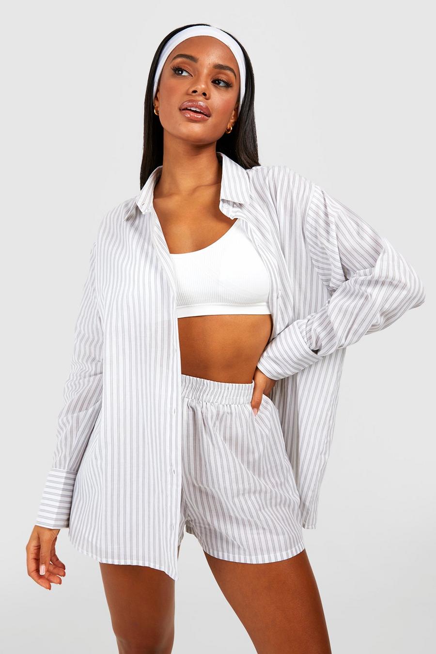 Grey Cotton Stripe Oversized Pajama Shirt image number 1